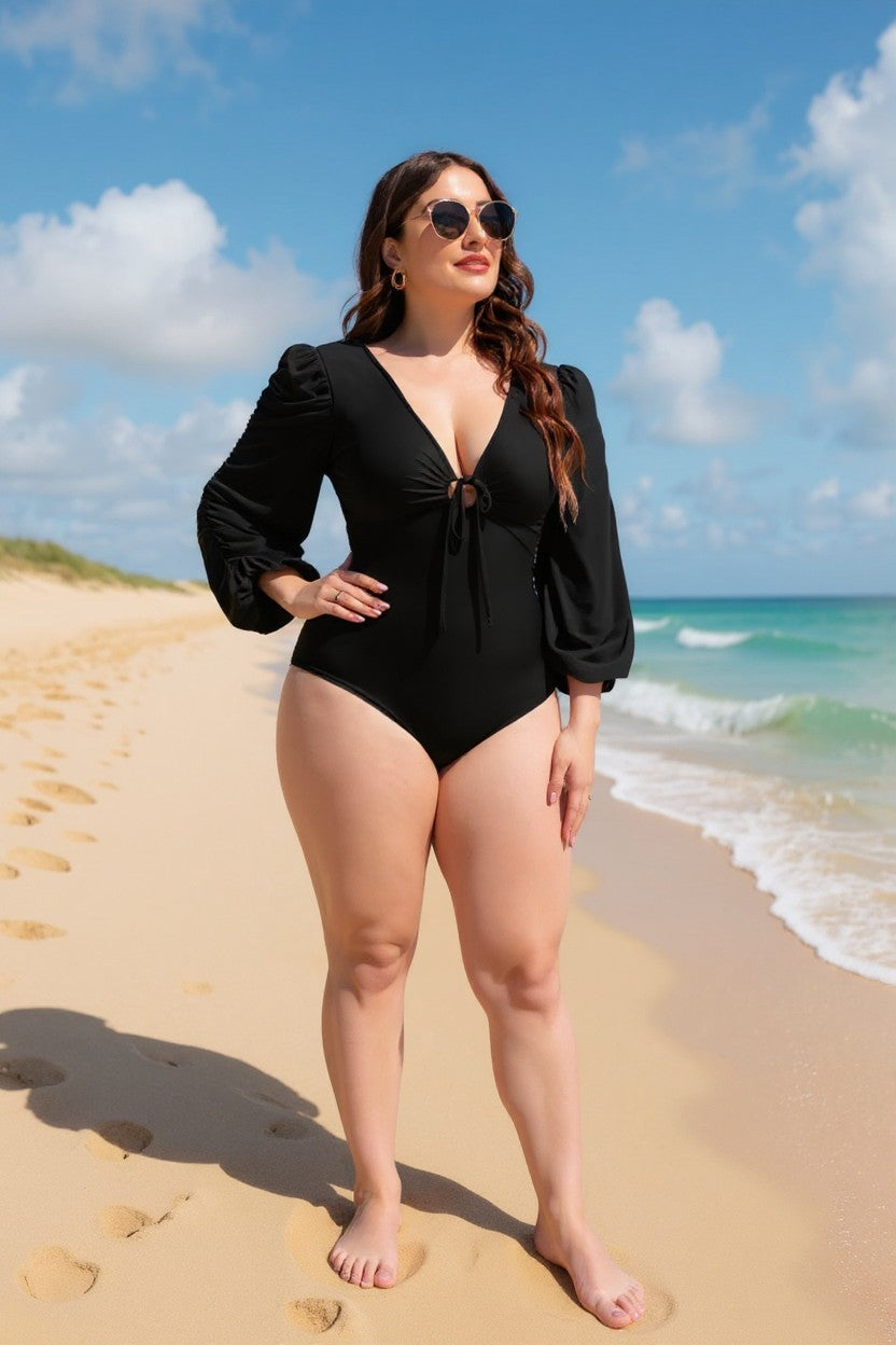 Deep V Balloon Sleeve Swimwear