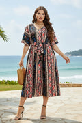 V-Neck Belted Midi Dress