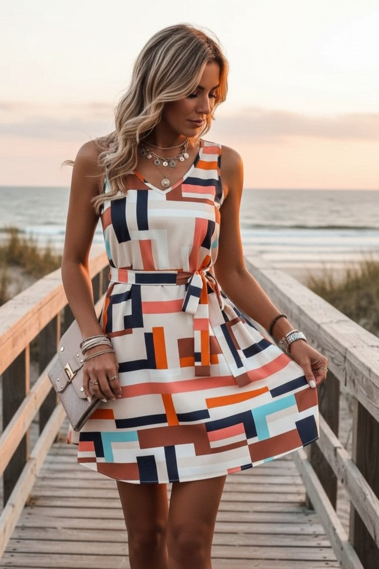Geometric Belted Mini Dress
