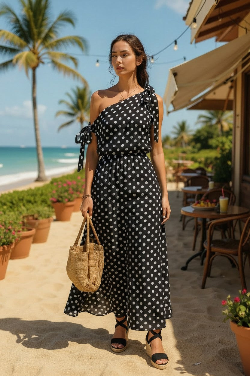 Polka Dot One-Shoulder Maxi Dress