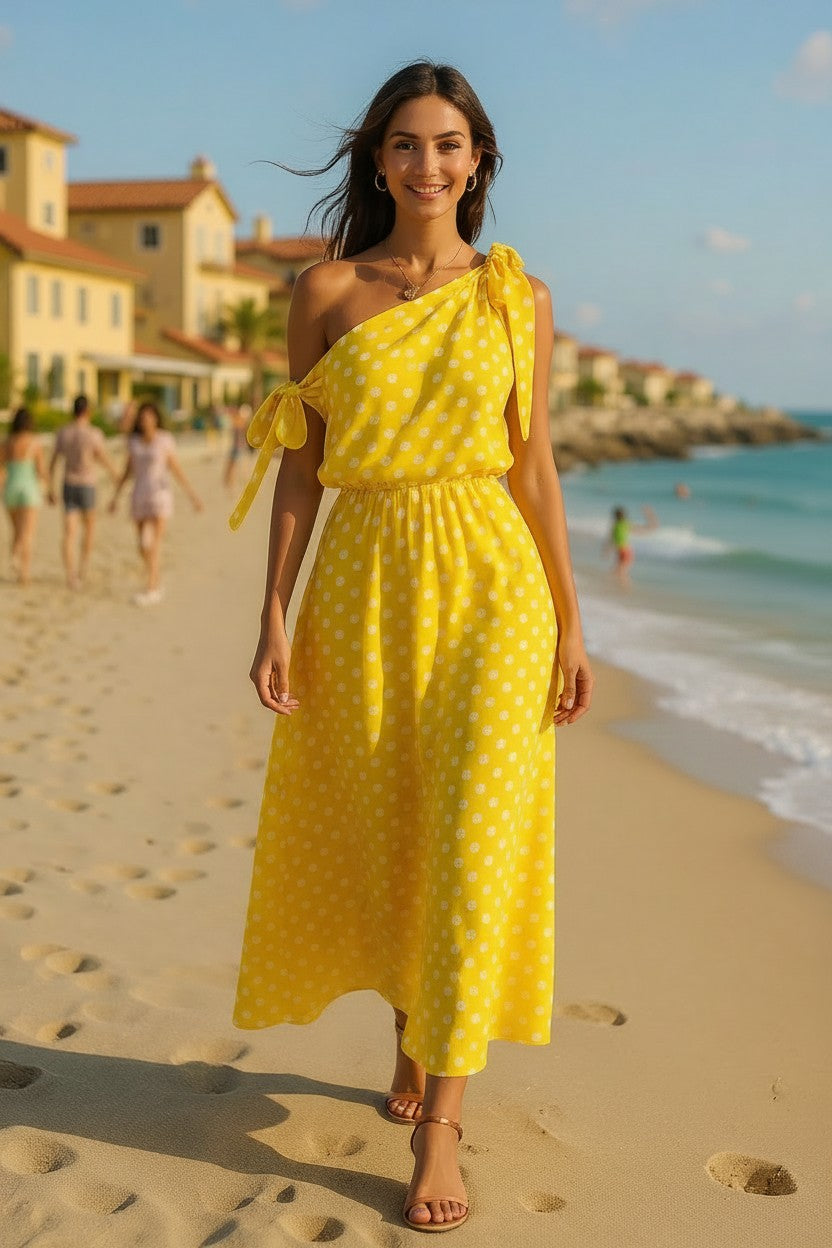 Polka Dot One-Shoulder Maxi Dress