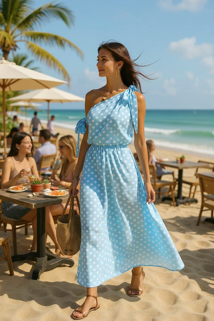 Polka Dot One-Shoulder Maxi Dress