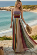 Striped Pleated Tube Maxi Dress