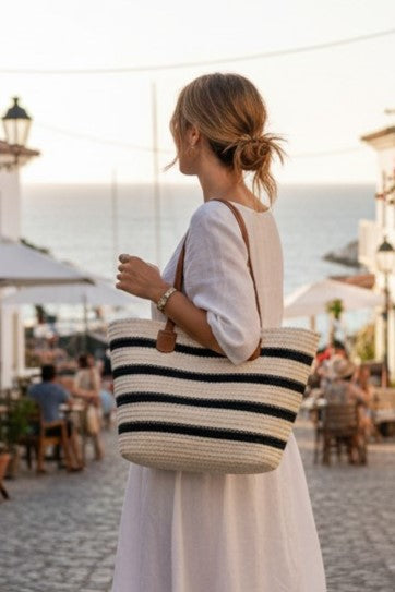 Striped Straw Tote Bag